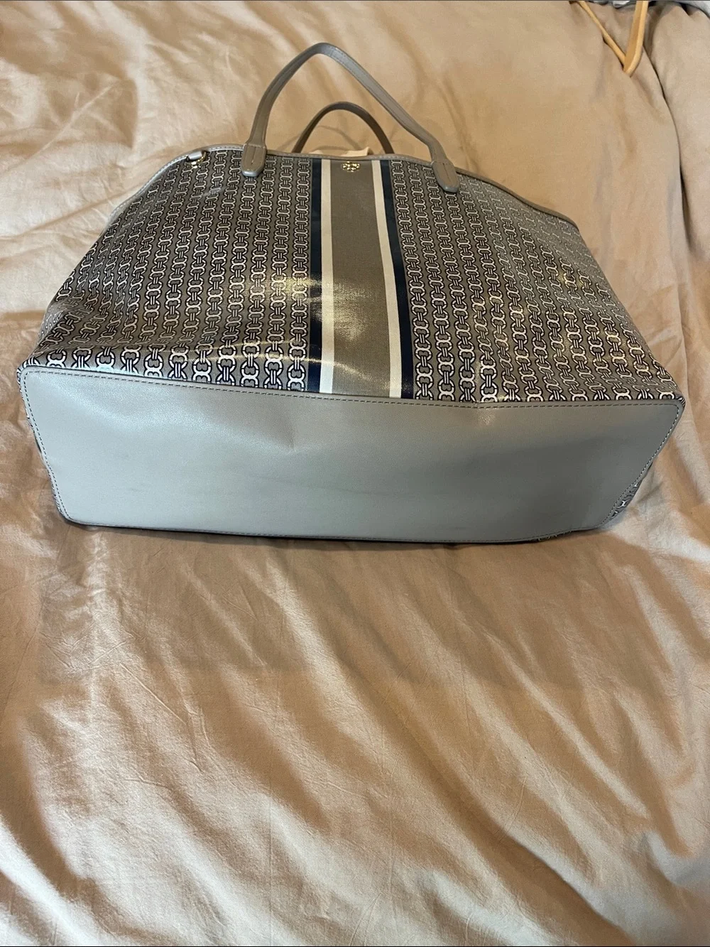 Tory Burch Navy and Gray Logo Stripe Tote with Center Stripe